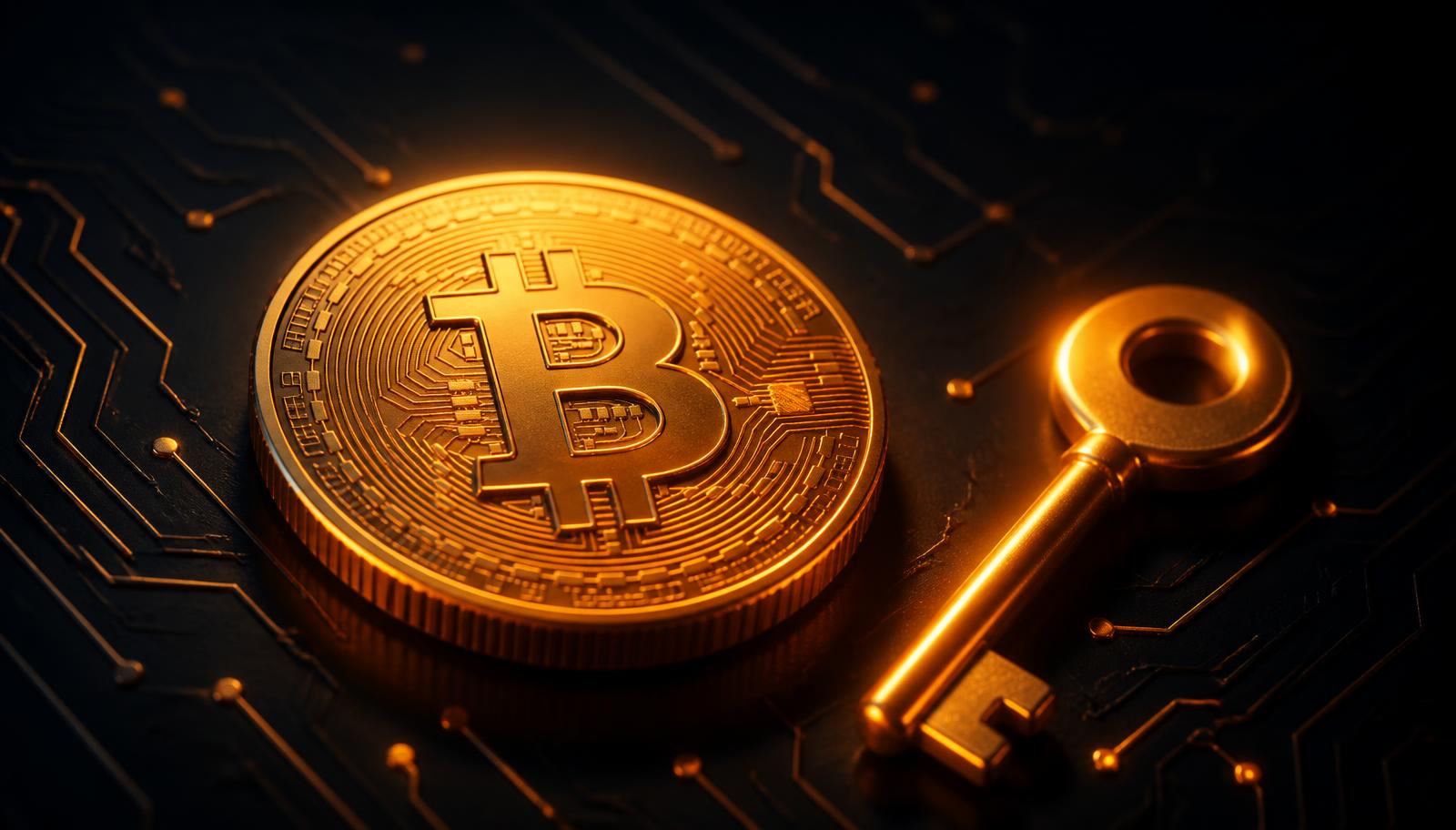 Golden Bitcoin coin beside a metal key on a dark circuit board